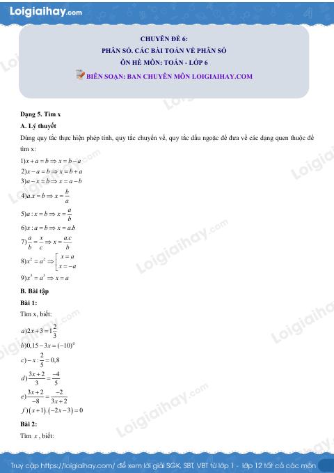 Dạng 5. Tìm x Chủ đề 6 Ôn hè Toán 6